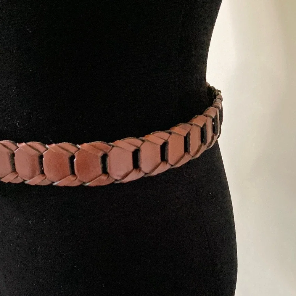 Mens Braided Brown Leather Belt Made‎ in Argentina Size 36 Brushed Brass Tone
